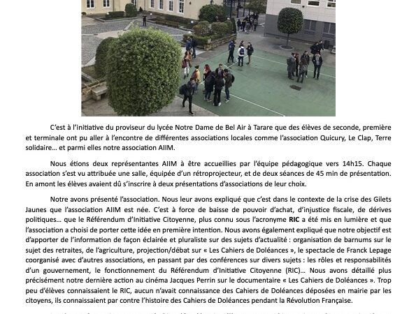 Présentation de l&rsquo;association AIIM au Lycée Notre Dame de Bel Air à Tarare le 6 décembre 2024
